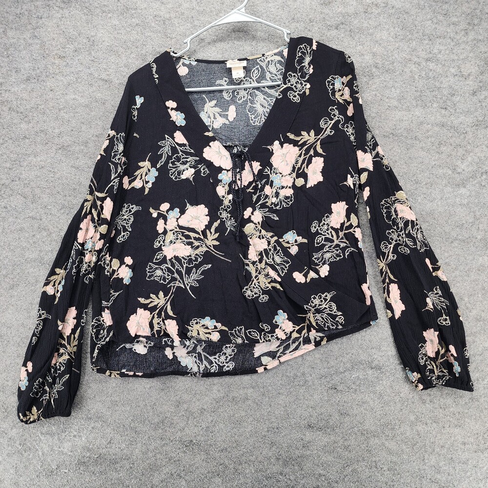 Mossimo Supply Shirt Womens Medium Long Sleeve V Neck Black Floral